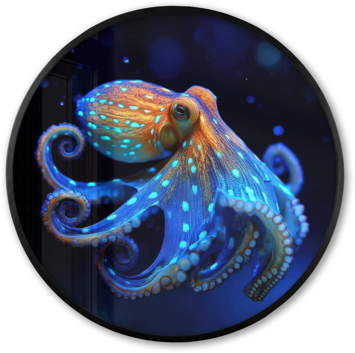 FrameYourWall Poster in lijst Rond - Fotolijst 60x60 cm - Posters - Octopus - Stippen - Blauw - Zee - Ronde posterlijst zwart - Decoratie - Wanddecoratie woonkamer - Muurdecoratie slaapkamer