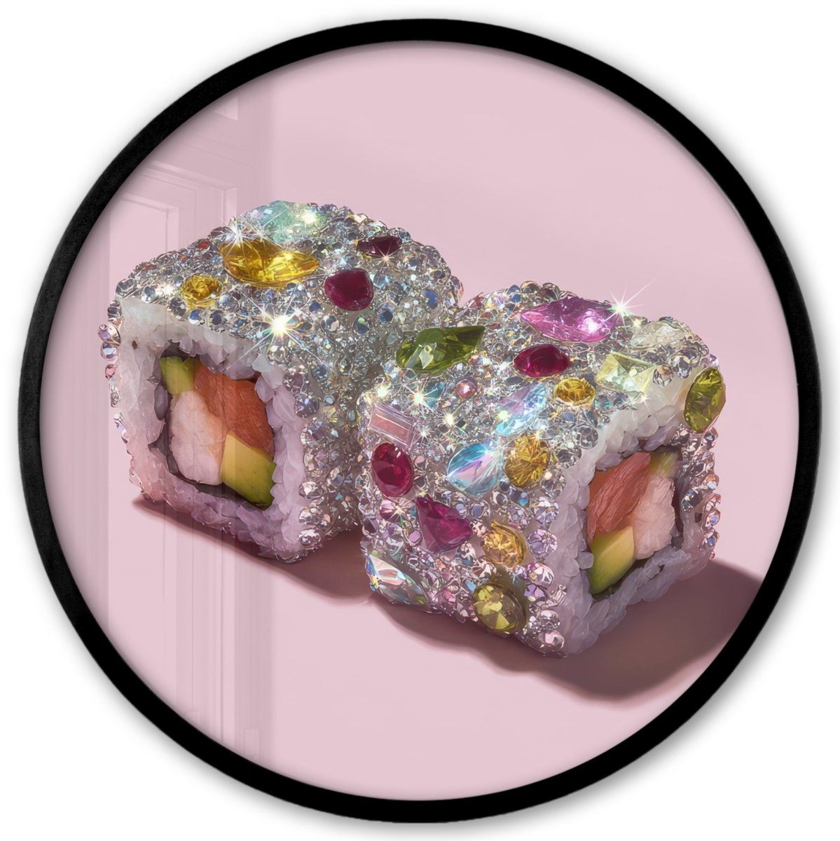 FrameYourWall Poster in lijst Rond - Fotolijst 40x40 cm - Posters - Sushi - Rolletjes - Steentjes - Kleurrijk - Ronde posterlijst zwart - Decoratie - Wanddecoratie woonkamer - Muurdecoratie slaapkamer Sushi - Steentjes - Kleurrijk