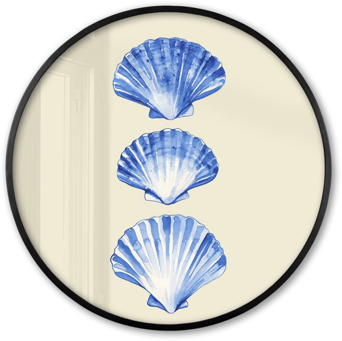 FrameYourWall Poster in lijst Rond - Fotolijst 60x60 cm - Posters - Schelpen - Blauw - Beige - Ronde posterlijst zwart - Decoratie - Wanddecoratie woonkamer - Muurdecoratie slaapkamer