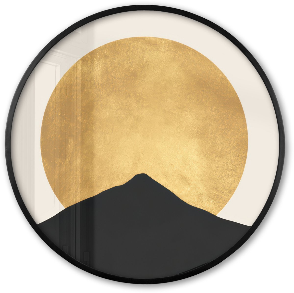 FrameYourWall Poster in lijst Rond - Fotolijst 60x60 cm - Posters - Bergsilhouetten - Gouden cirkel - Beige - Ronde posterlijst zwart - Decoratie - Wanddecoratie woonkamer - Muurdecoratie slaapkamer Bergsilhouetten - Cirkel