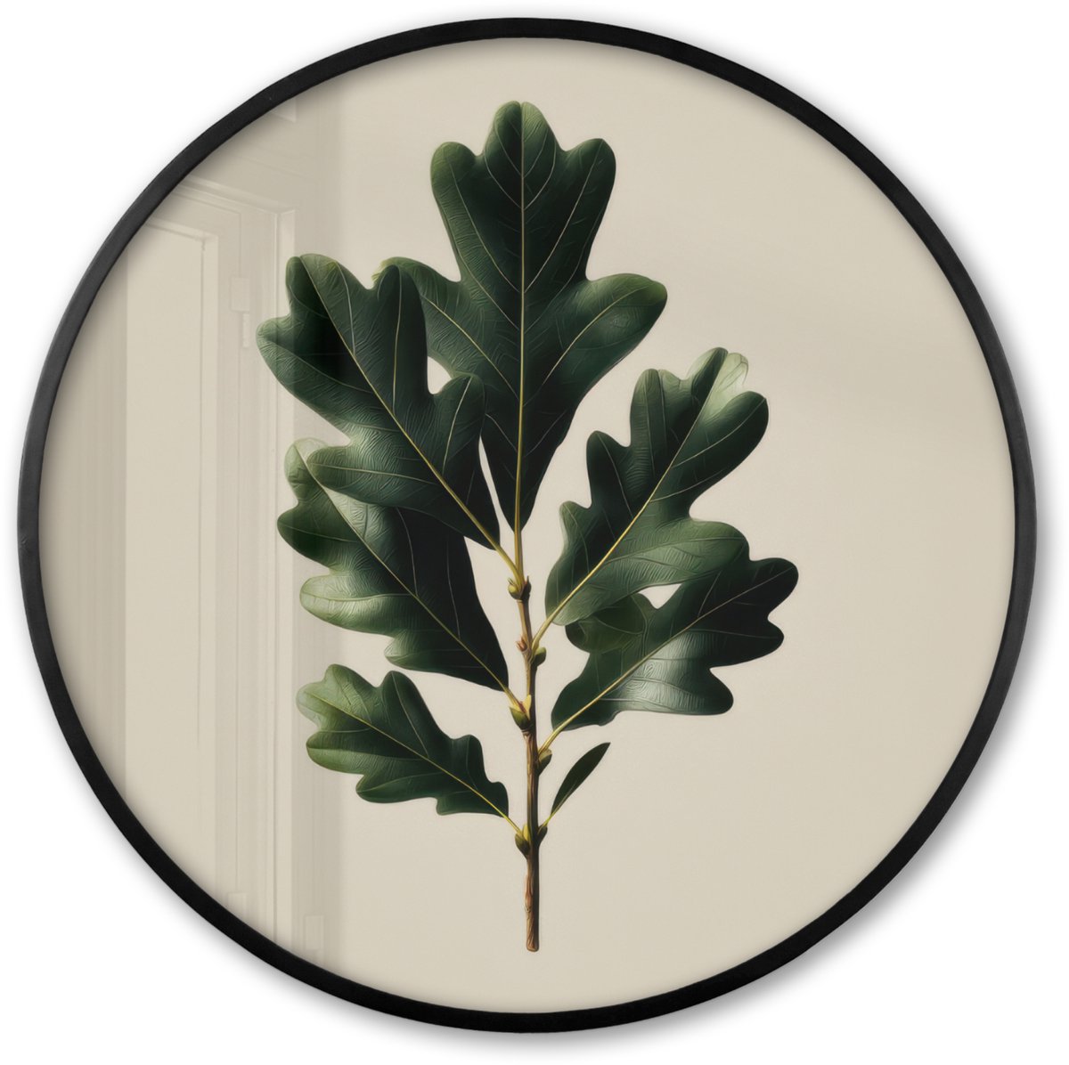 FrameYourWall Poster in lijst Rond - Fotolijst 60x60 cm - Posters - Eikenbladeren - Beige - Groen - Golvende randen - Ronde posterlijst zwart - Decoratie - Wanddecoratie woonkamer - Muurdecoratie slaapkamer