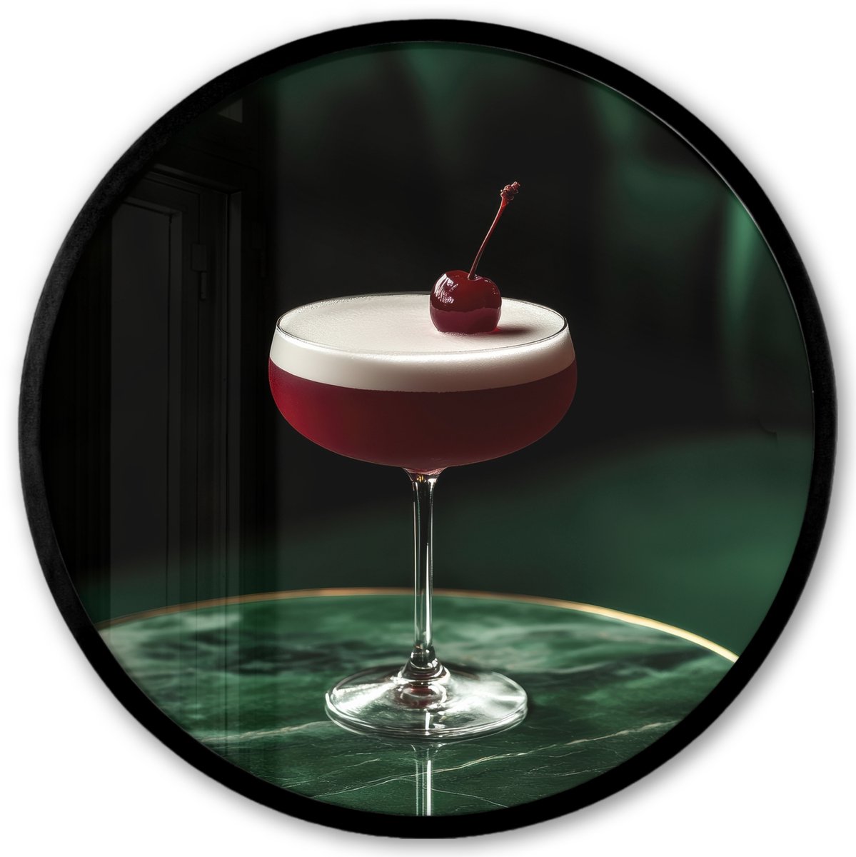 FrameYourWall Poster in lijst Rond - Fotolijst 40x40 cm - Posters - Kers - Cocktail - Rood - Marmer - Ronde posterlijst zwart - Decoratie - Wanddecoratie woonkamer - Muurdecoratie slaapkamer