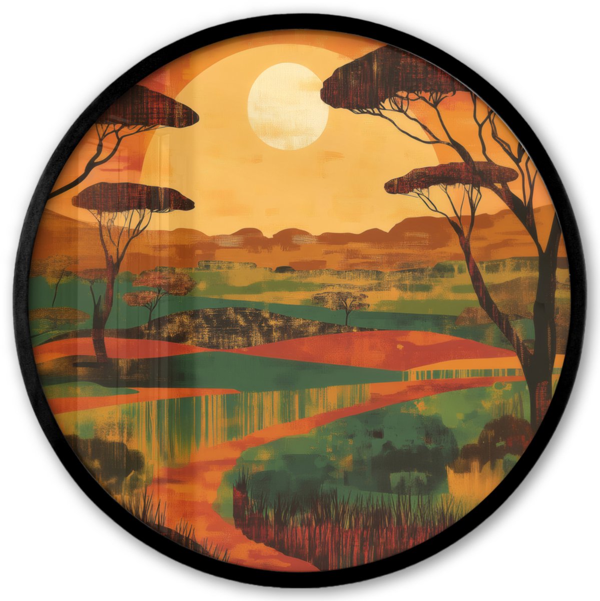 FrameYourWall Poster in lijst Rond - Fotolijst 40x40 cm - Posters - Landschap - Afrikaans - Zon - Ronde posterlijst zwart - Decoratie - Wanddecoratie woonkamer - Muurdecoratie slaapkamer Landschap - Zon