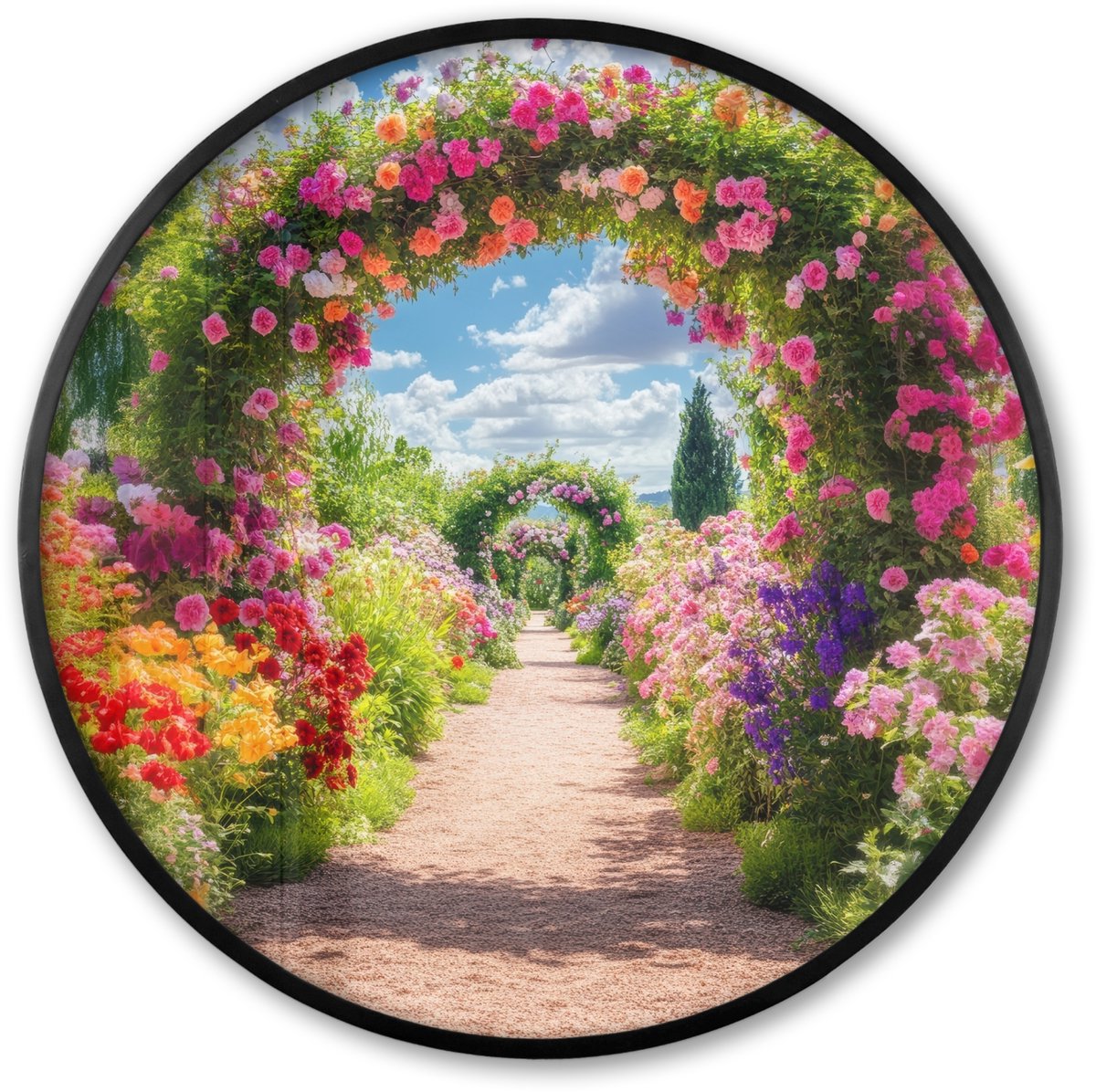 FrameYourWall Poster in lijst Rond - Fotolijst 80x80 cm - Posters - Doorkijk - Bloemen - Kleurrijk - Natuur - Ronde posterlijst zwart - Decoratie - Wanddecoratie woonkamer - Muurdecoratie slaapkamer Doorkijk - Kleurrijk