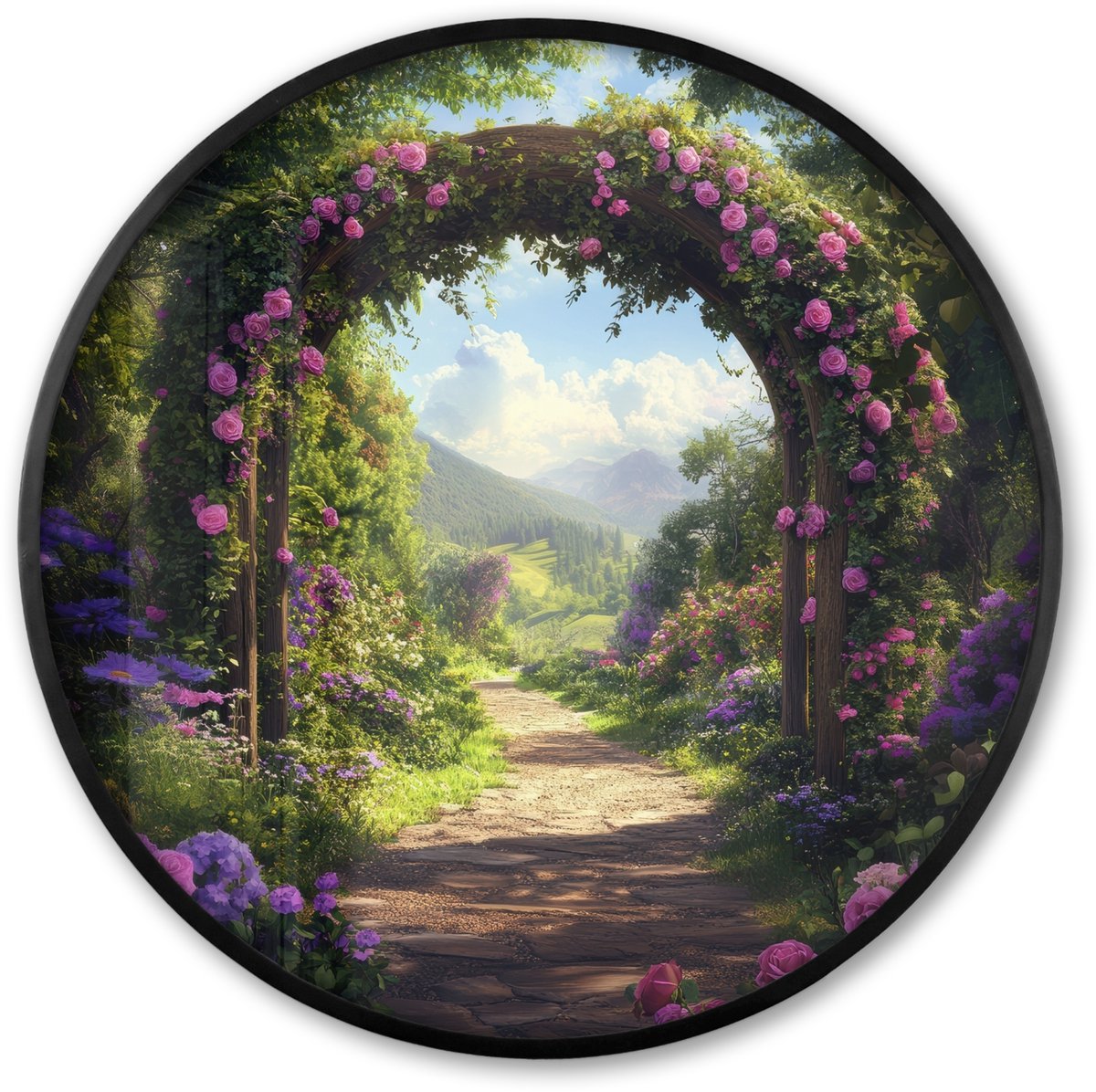 FrameYourWall Poster in lijst Rond - Fotolijst 60x60 cm - Posters - Doorkijk - Rozenboog - Uitzicht - Landschap - Bloemen - Ronde posterlijst zwart - Decoratie - Wanddecoratie woonkamer - Muurdecoratie slaapkamer Tuinboog - Bloemen