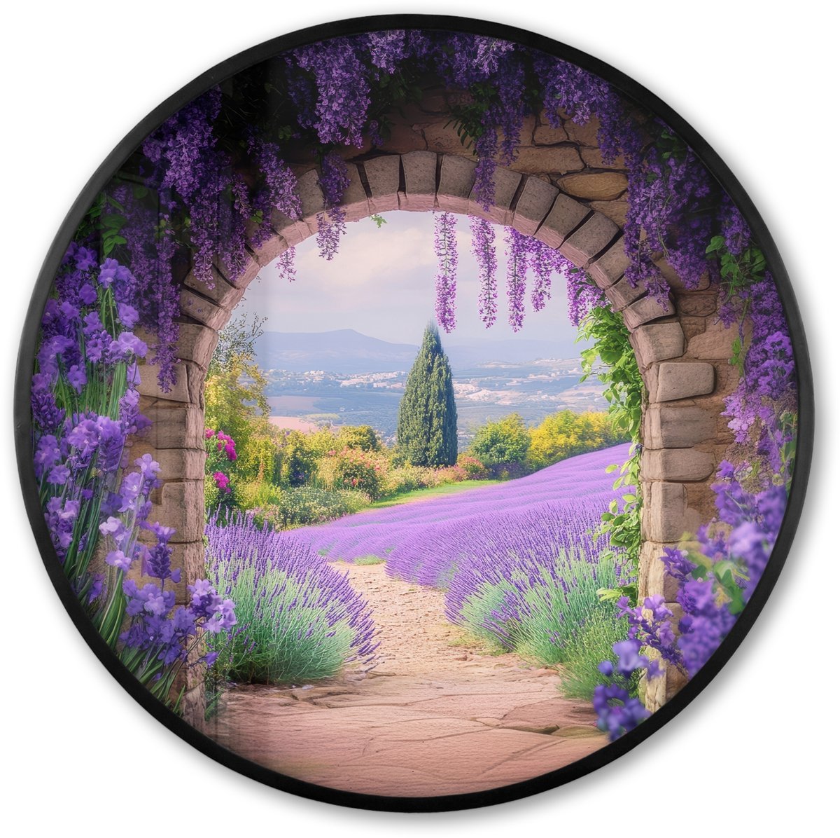 FrameYourWall Poster in lijst Rond - Fotolijst 60x60 cm - Posters - Doorkijk - Lavendel - Bloemen - Paars - Poort - Ronde posterlijst zwart - Decoratie - Wanddecoratie woonkamer - Muurdecoratie slaapkamer Lavendelveld