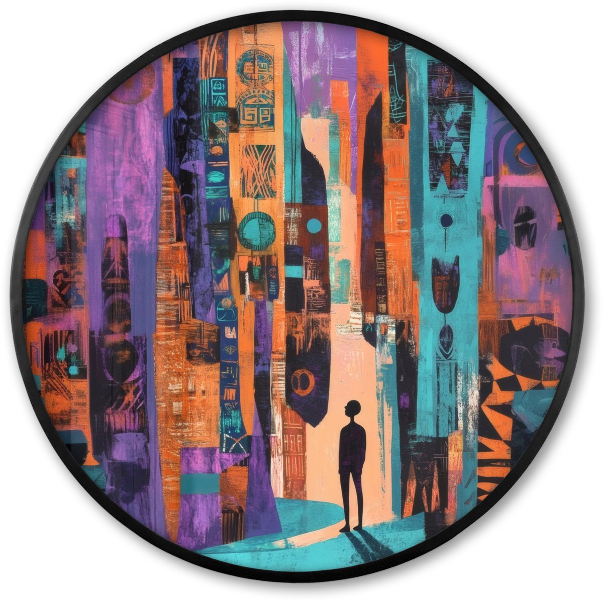 FrameYourWall Poster in lijst Rond - Fotolijst 80x80 cm - Posters - Abstract - Figuren - Kleurrijk - Ronde posterlijst zwart - Decoratie - Wanddecoratie woonkamer - Muurdecoratie slaapkamer