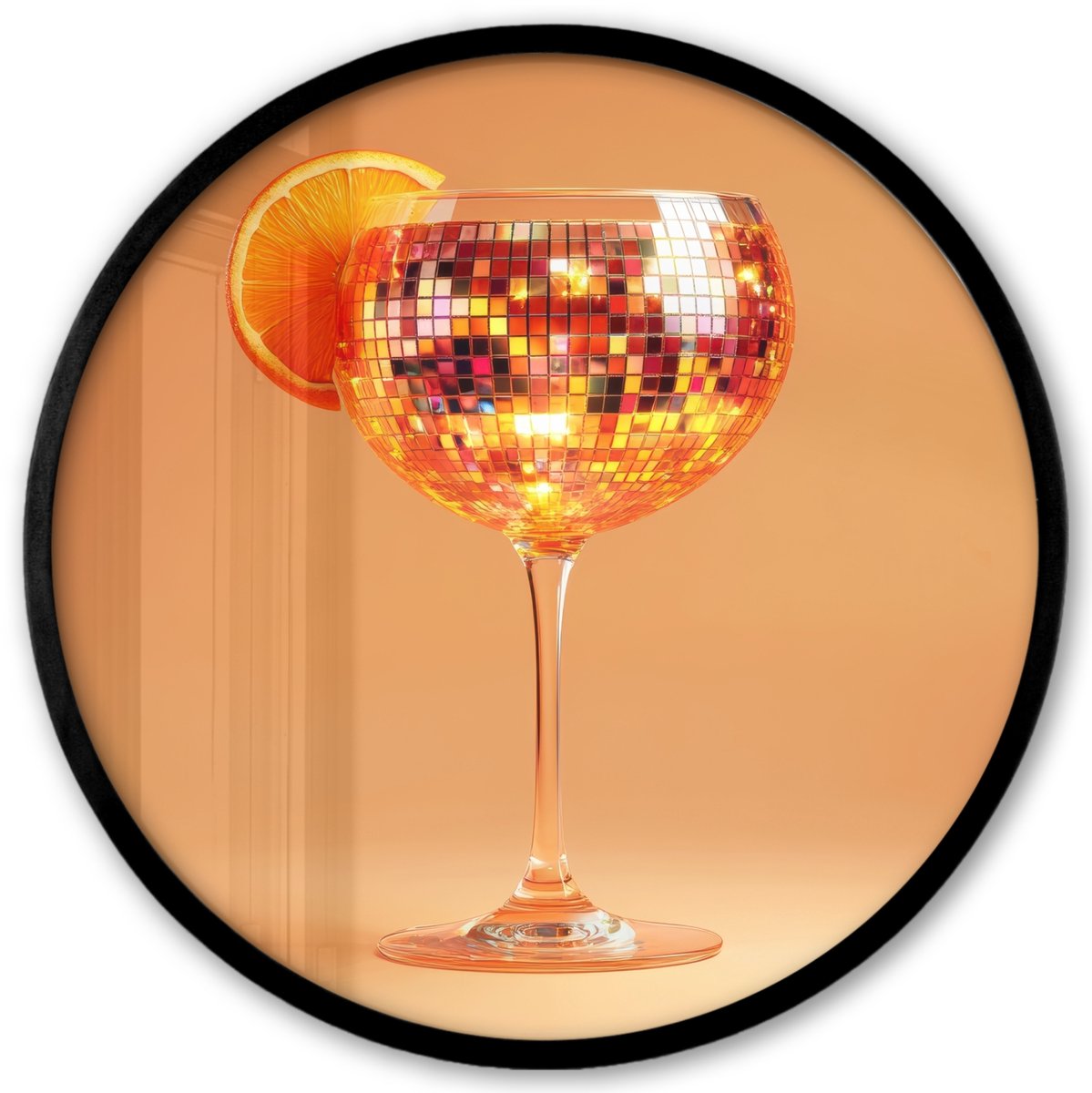 FrameYourWall Poster in lijst Rond - Fotolijst 40x40 cm - Posters - Drank - Oranje - Glitter - Disco - Ronde posterlijst zwart - Decoratie - Wanddecoratie woonkamer - Muurdecoratie slaapkamer Disco - Cocktail