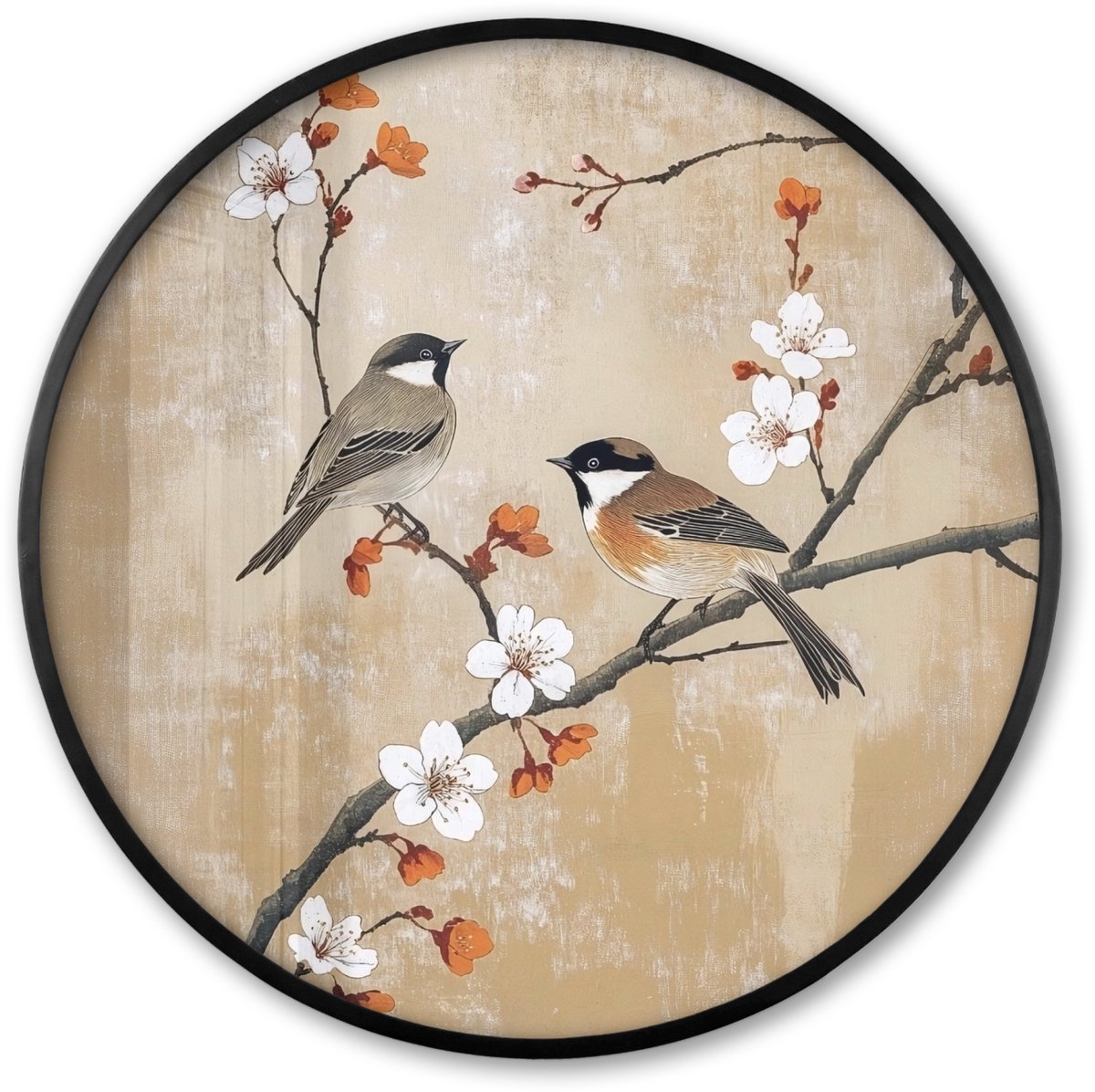 FrameYourWall Poster in lijst Rond - Fotolijst 60x60 cm - Posters - Vogels - Bloesemtak - Bloemen - Oranje - Ronde posterlijst zwart - Decoratie - Wanddecoratie woonkamer - Muurdecoratie slaapkamer