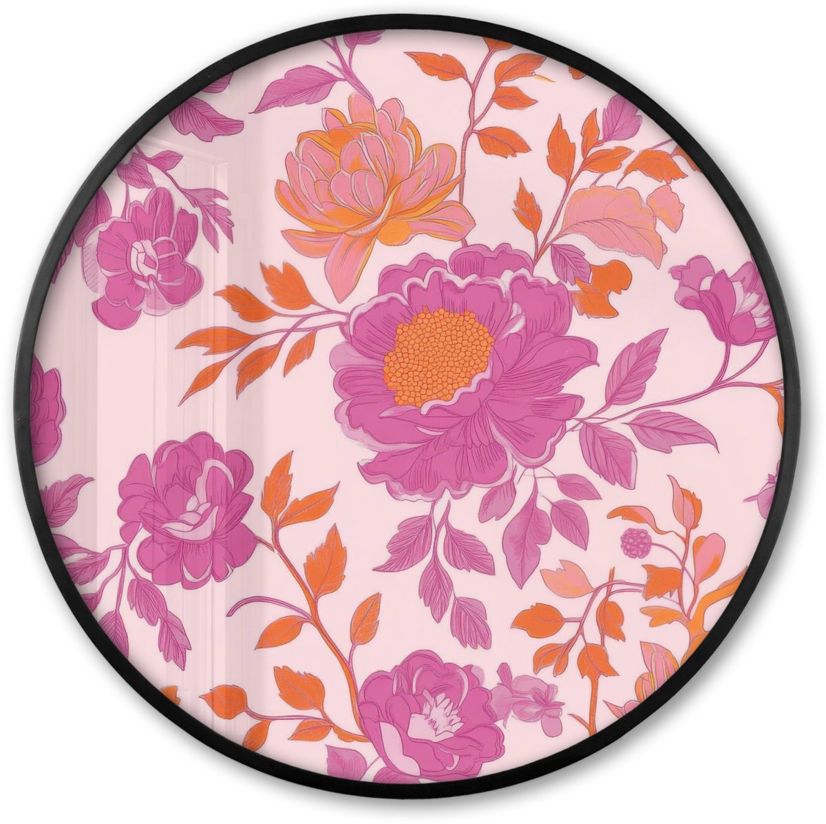 FrameYourWall Poster in lijst Rond - Fotolijst 60x60 cm - Posters - Bloemenpatroon - Roze - Oranje - Bloemen - Ronde posterlijst zwart - Decoratie - Wanddecoratie woonkamer - Muurdecoratie slaapkamer