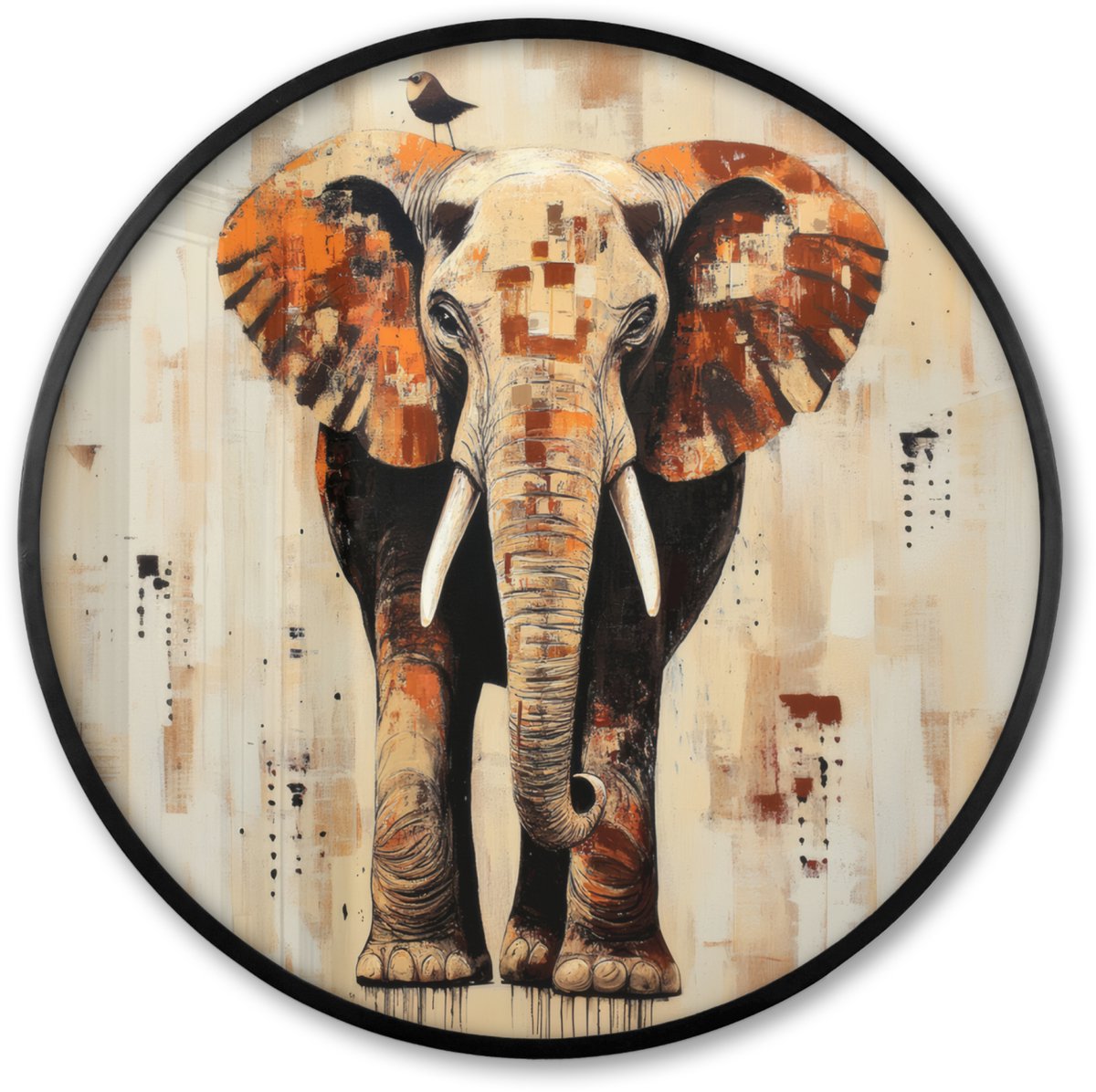 FrameYourWall Poster in lijst Rond - Fotolijst 60x60 cm - Posters - Olifant - Slurf - Mozaïek - Abstract - Ronde posterlijst zwart - Decoratie - Wanddecoratie woonkamer - Muurdecoratie slaapkamer