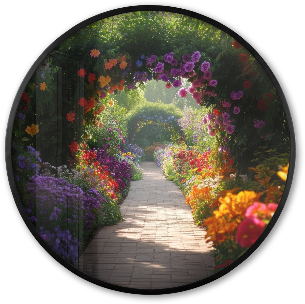 FrameYourWall Poster in lijst Rond - Fotolijst 60x60 cm - Posters - Doorkijk - Pad - Bloemen - Struik - Kleurrijk - Ronde posterlijst zwart - Decoratie - Wanddecoratie woonkamer - Muurdecoratie slaapkamer Doorkijk - Bloemen