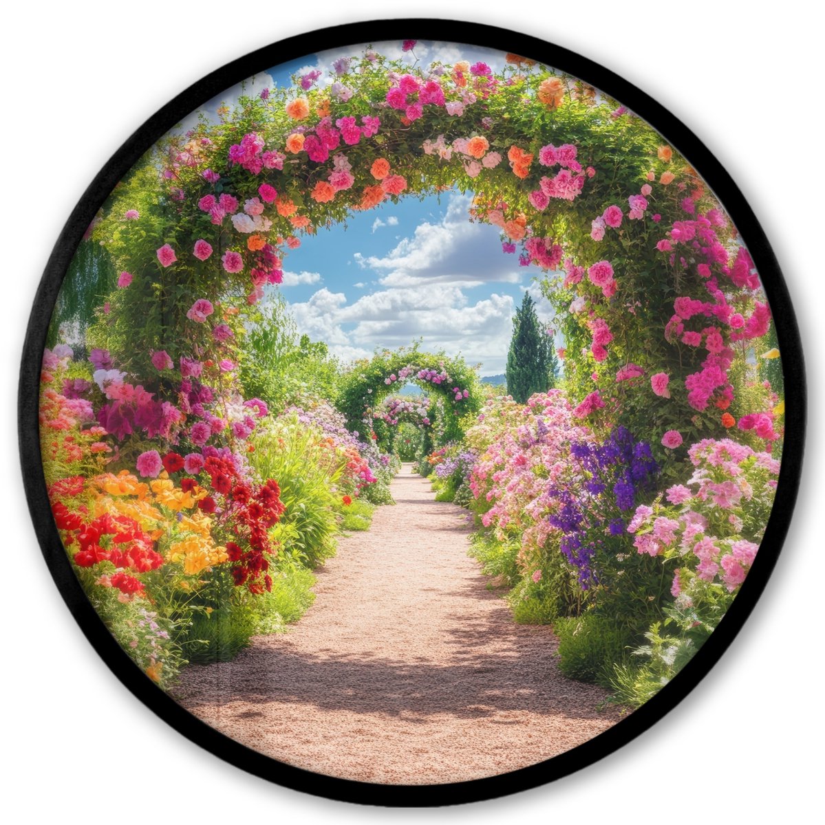 FrameYourWall Poster in lijst Rond - Fotolijst 40x40 cm - Posters - Doorkijk - Bloemen - Kleurrijk - Natuur - Ronde posterlijst zwart - Decoratie - Wanddecoratie woonkamer - Muurdecoratie slaapkamer Doorkijk - Kleurrijk