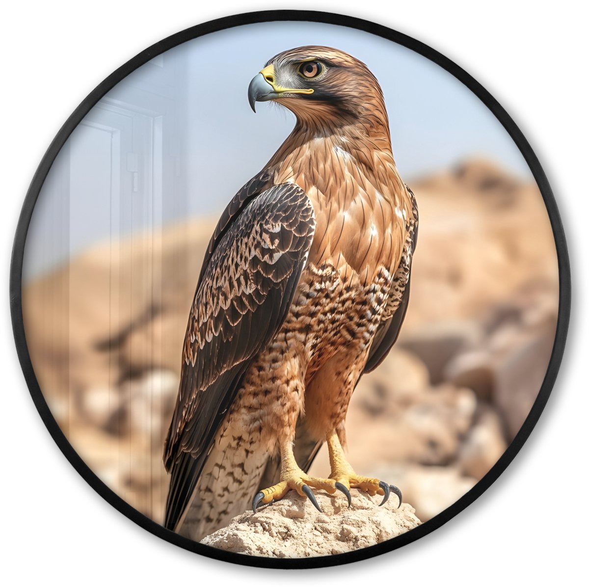 FrameYourWall Poster in lijst Rond - Fotolijst 60x60 cm - Posters - Valk - Vogel - Rots - Macht - Ronde posterlijst zwart - Decoratie - Wanddecoratie woonkamer - Muurdecoratie slaapkamer