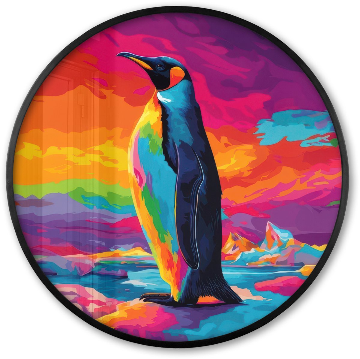 FrameYourWall Poster in lijst Rond - Fotolijst 80x80 cm - Posters - Ijsschots - Pinguïn - Abstract - Lucht - Ronde posterlijst zwart - Decoratie - Wanddecoratie woonkamer - Muurdecoratie slaapkamer Pinguïn - Kleurrijk