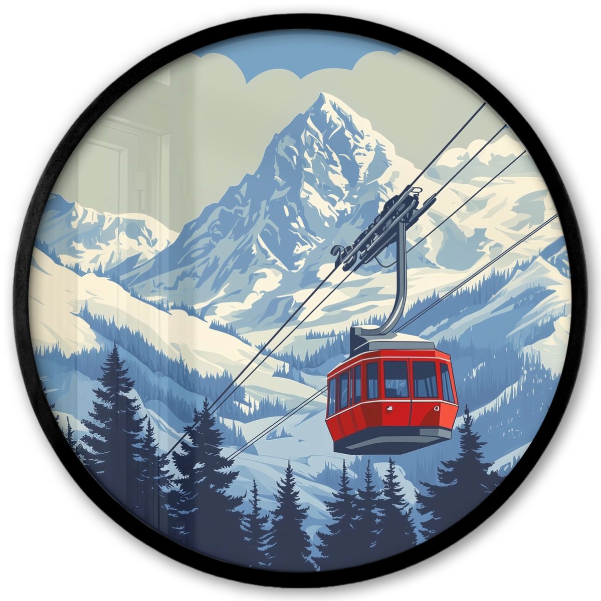 FrameYourWall Poster in lijst Rond - Fotolijst 40x40 cm - Posters - Kabelbaan - Sneeuw - Berglandschap - Ronde posterlijst zwart - Decoratie - Wanddecoratie woonkamer - Muurdecoratie slaapkamer Kabelbaan - Bergen - Sneeuw