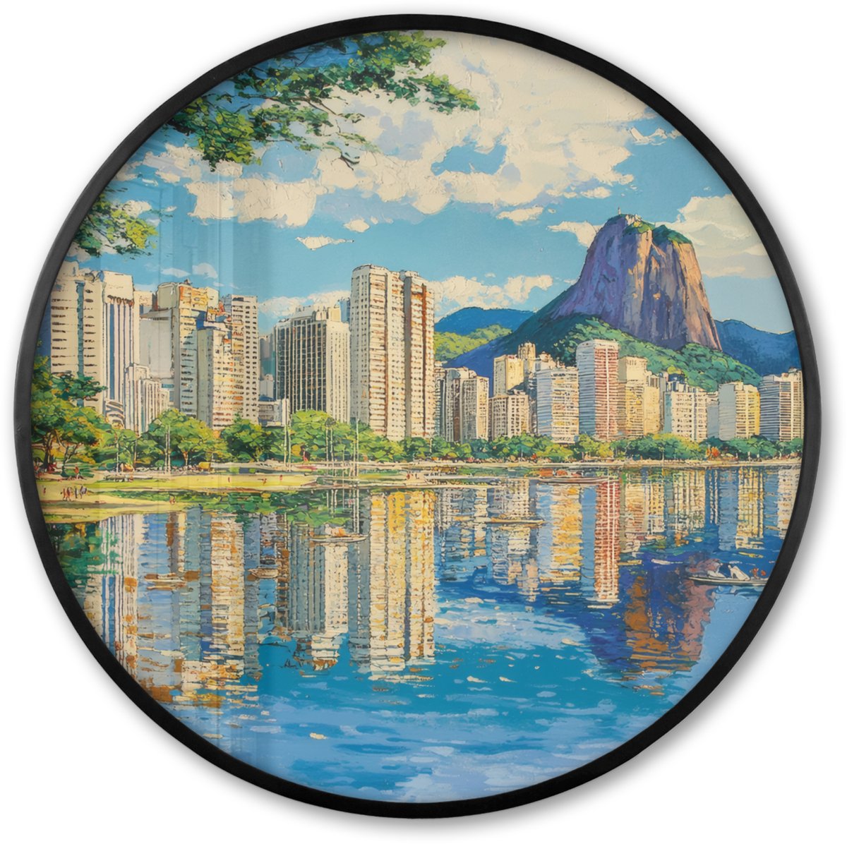 FrameYourWall Poster in lijst Rond - Fotolijst 60x60 cm - Posters - Berg - Skyline - Strand - Water - Ronde posterlijst zwart - Decoratie - Wanddecoratie woonkamer - Muurdecoratie slaapkamer Berg - Gebouwen