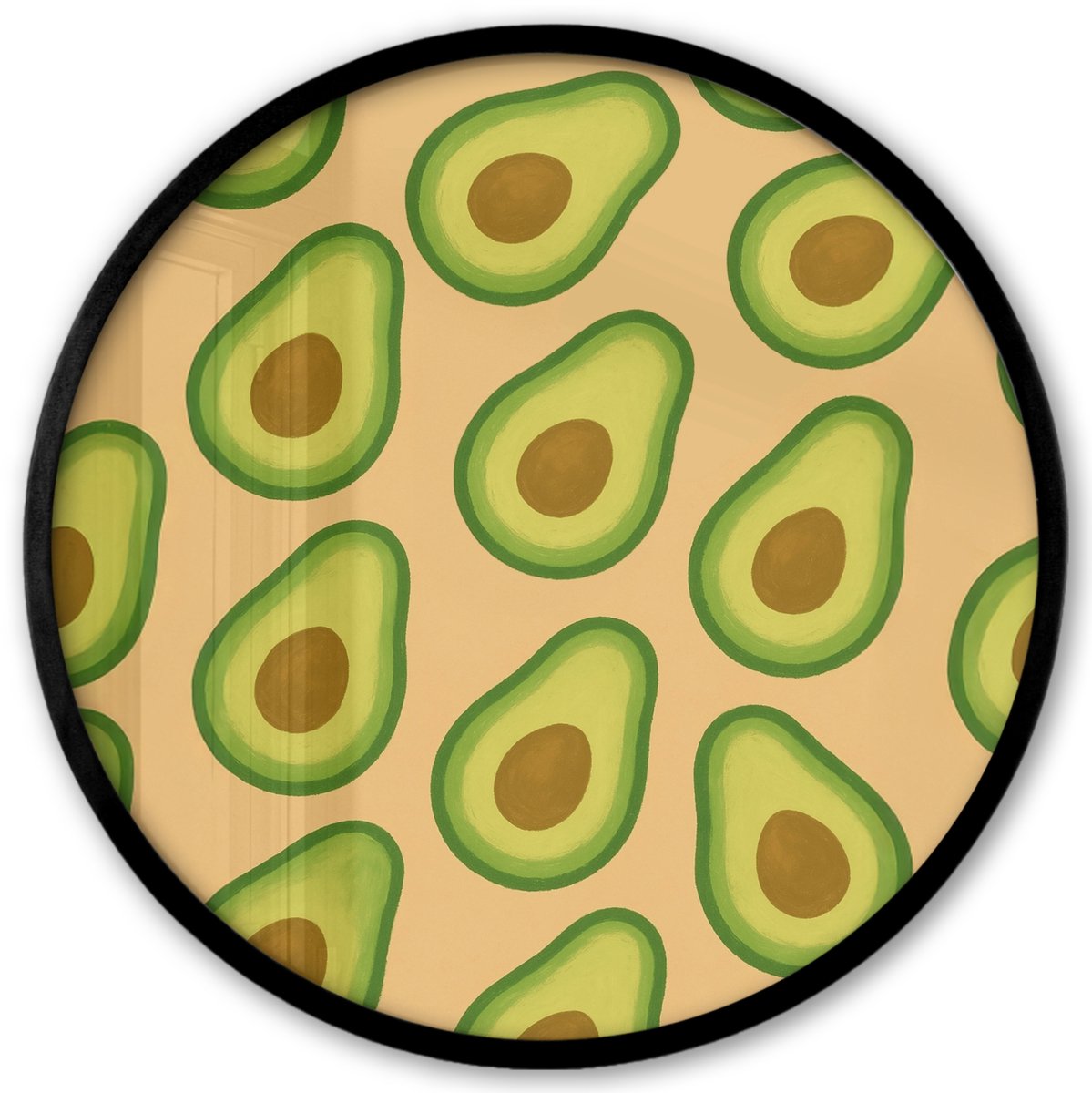 FrameYourWall Poster in lijst Rond - Fotolijst 40x40 cm - Posters - Avocado - Patroon - Groen - Pit - Ronde posterlijst zwart - Decoratie - Wanddecoratie woonkamer - Muurdecoratie slaapkamer