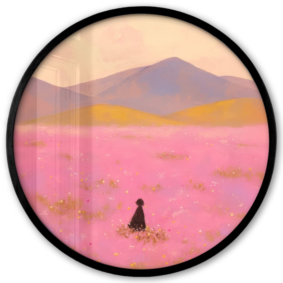 FrameYourWall Poster in lijst Rond - Fotolijst 40x40 cm - Posters - Bloemenweide - Heuvels - Silhouet - Roze - Ronde posterlijst zwart - Decoratie - Wanddecoratie woonkamer - Muurdecoratie slaapkamer