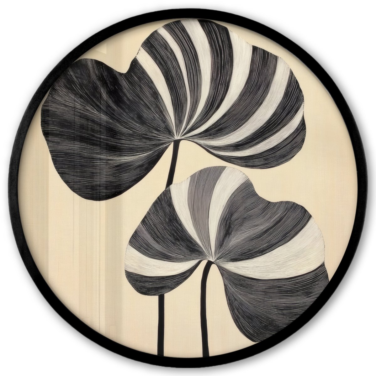 FrameYourWall Poster in lijst Rond - Fotolijst 40x40 cm - Posters - Zwart - Bladeren - Strepen - Minimalistisch - Ronde posterlijst zwart - Decoratie - Wanddecoratie woonkamer - Muurdecoratie slaapkamer