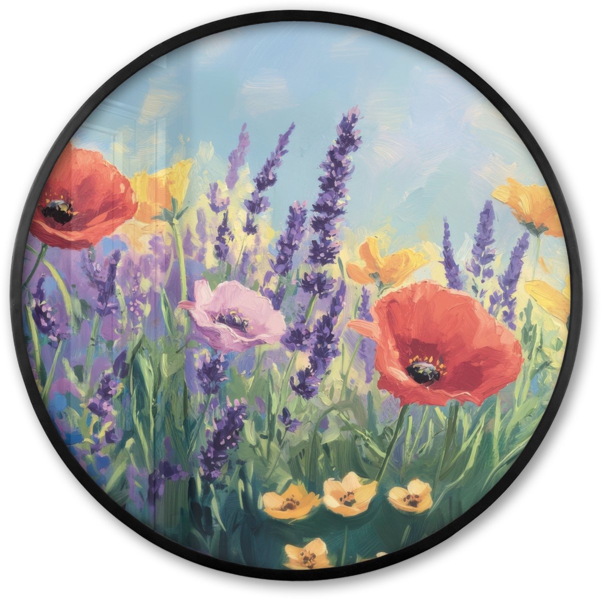 FrameYourWall Poster in lijst Rond - Fotolijst 60x60 cm - Posters - Weide - Bloemen - Kleurrijk - Ronde posterlijst zwart - Decoratie - Wanddecoratie woonkamer - Muurdecoratie slaapkamer Klaprozen