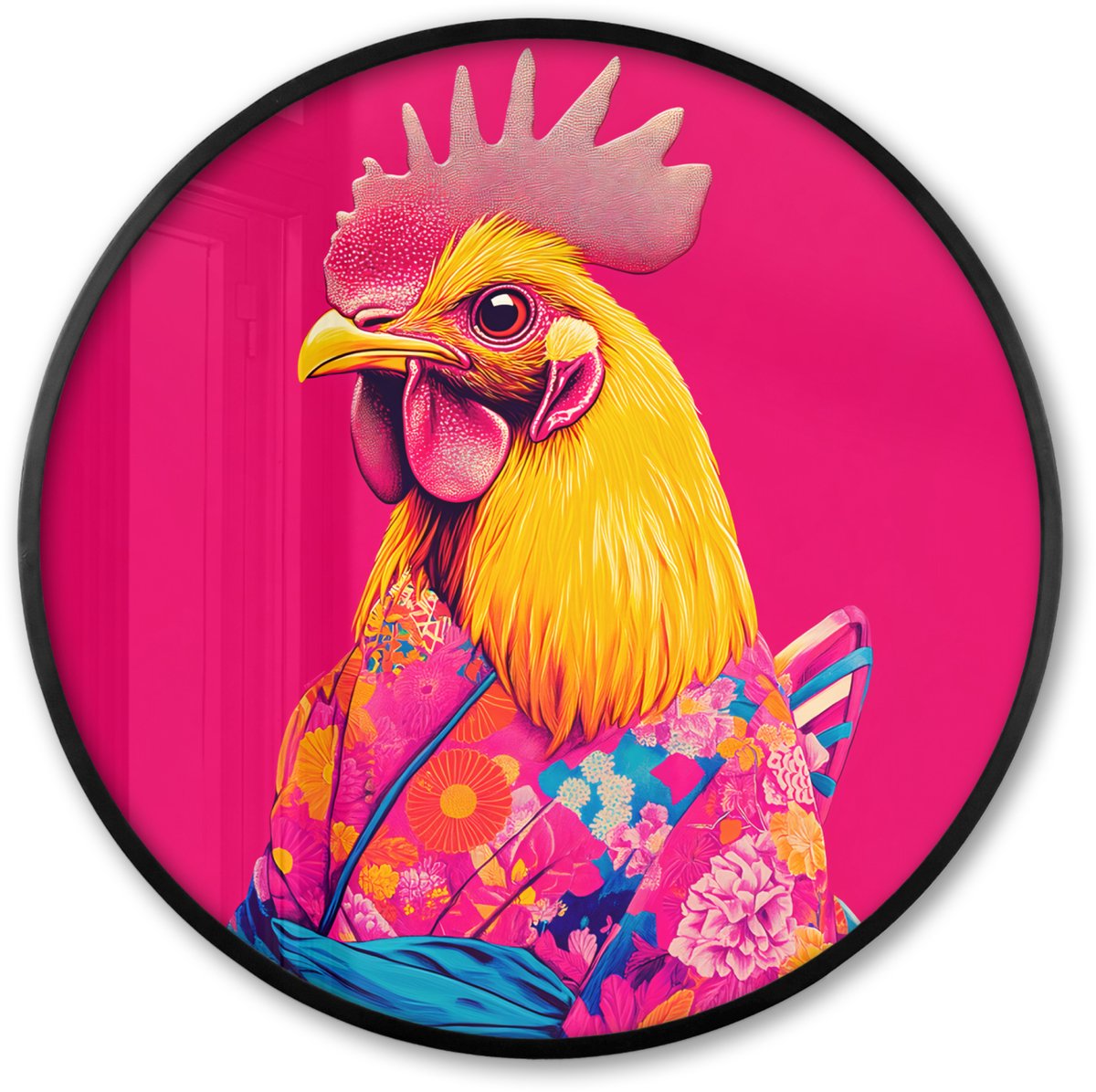 FrameYourWall Poster in lijst Rond - Fotolijst 60x60 cm - Posters - Haan - Kleurrijk - Kimono - Roze - Ronde posterlijst zwart - Decoratie - Wanddecoratie woonkamer - Muurdecoratie slaapkamer