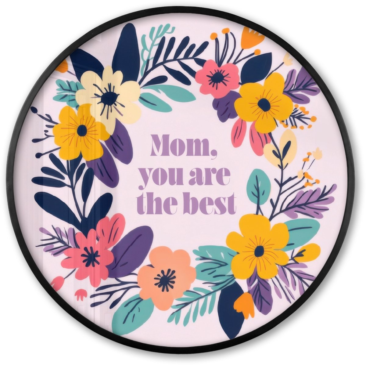 FrameYourWall Poster in lijst Rond - Fotolijst 80x80 cm - Posters - Bloemenkrans - Kleurrijk - Moeder - Ronde posterlijst zwart - Decoratie - Wanddecoratie woonkamer - Muurdecoratie slaapkamer Bloemenkrans - Tekst