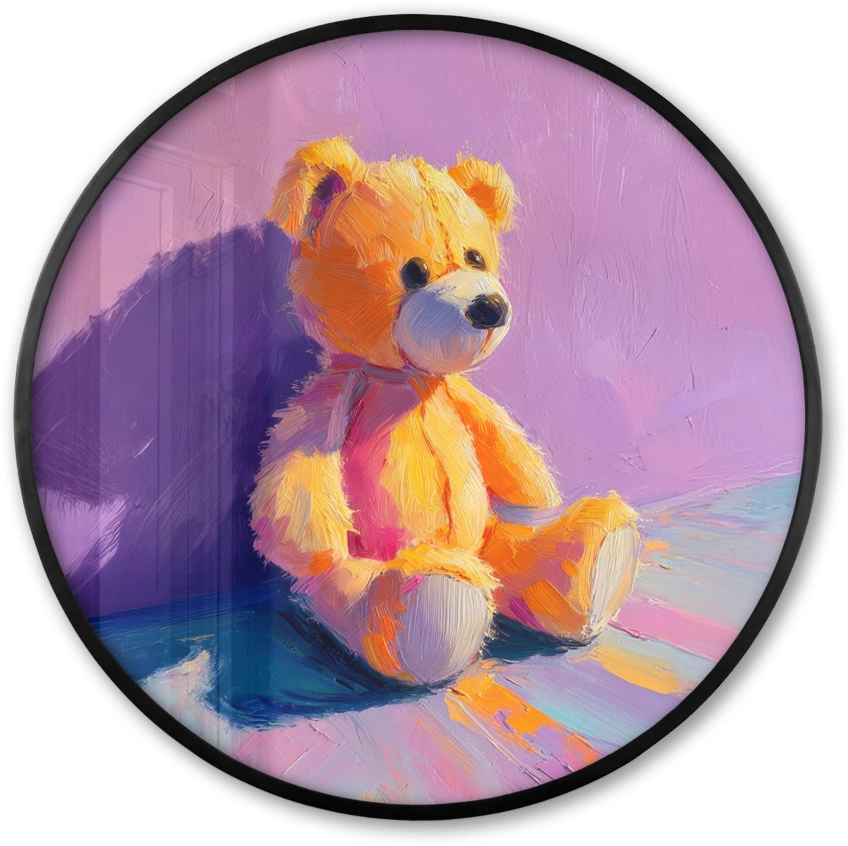 FrameYourWall Poster in lijst Rond - Fotolijst 80x80 cm - Posters - Teddybeer - Schaduw - Penseelstreken - Paars - Ronde posterlijst zwart - Decoratie - Wanddecoratie woonkamer - Muurdecoratie slaapkamer