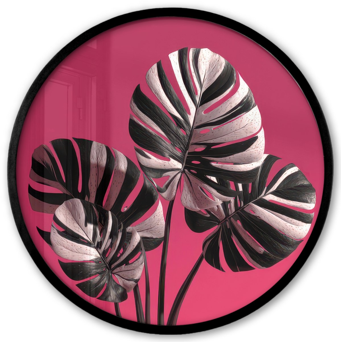 FrameYourWall Poster in lijst Rond - Fotolijst 40x40 cm - Posters - Bladeren - Rond - Roze - Ronde posterlijst zwart - Decoratie - Wanddecoratie woonkamer - Muurdecoratie slaapkamer