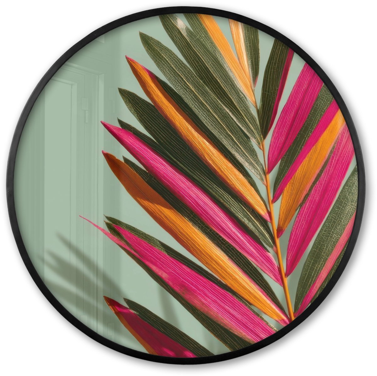 FrameYourWall Poster in lijst Rond - Fotolijst 60x60 cm - Posters - Tak - Bladeren - Kleurrijk - Schaduw - Ronde posterlijst zwart - Decoratie - Wanddecoratie woonkamer - Muurdecoratie slaapkamer