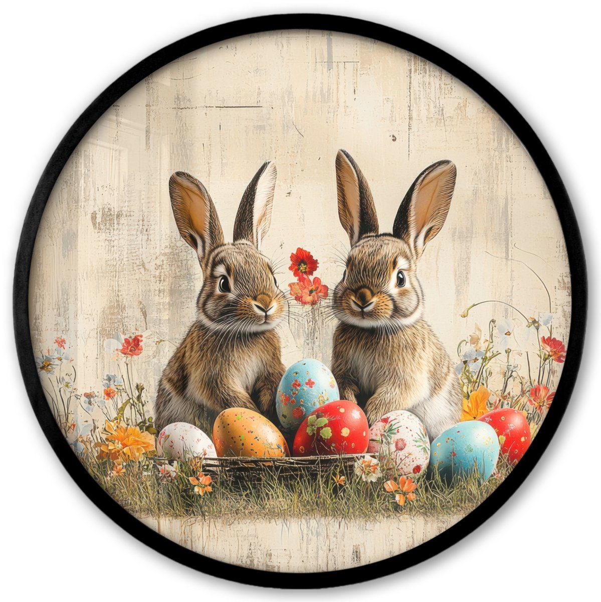 FrameYourWall Poster in lijst Rond - Fotolijst 40x40 cm - Posters - Konijnen - Bloemen - Eieren - Ronde posterlijst zwart - Decoratie - Wanddecoratie woonkamer - Muurdecoratie slaapkamer Konijnen - Vintage