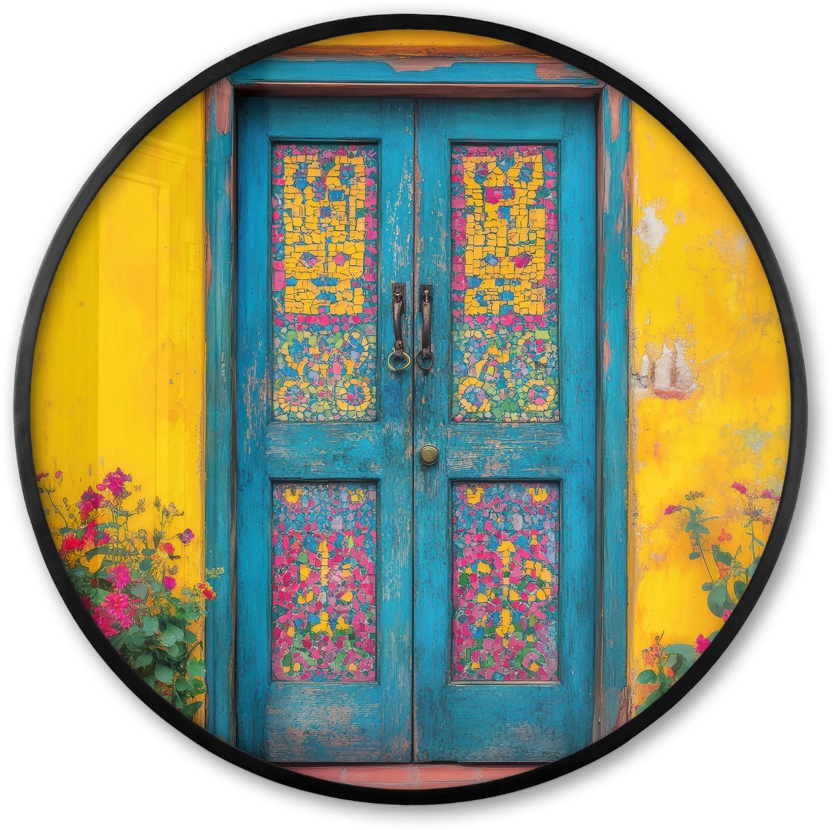 FrameYourWall Poster in lijst Rond - Fotolijst 60x60 cm - Posters - Deuren - Kleurrijk - Planten - Ronde posterlijst zwart - Decoratie - Wanddecoratie woonkamer - Muurdecoratie slaapkamer Deur - Bloemen