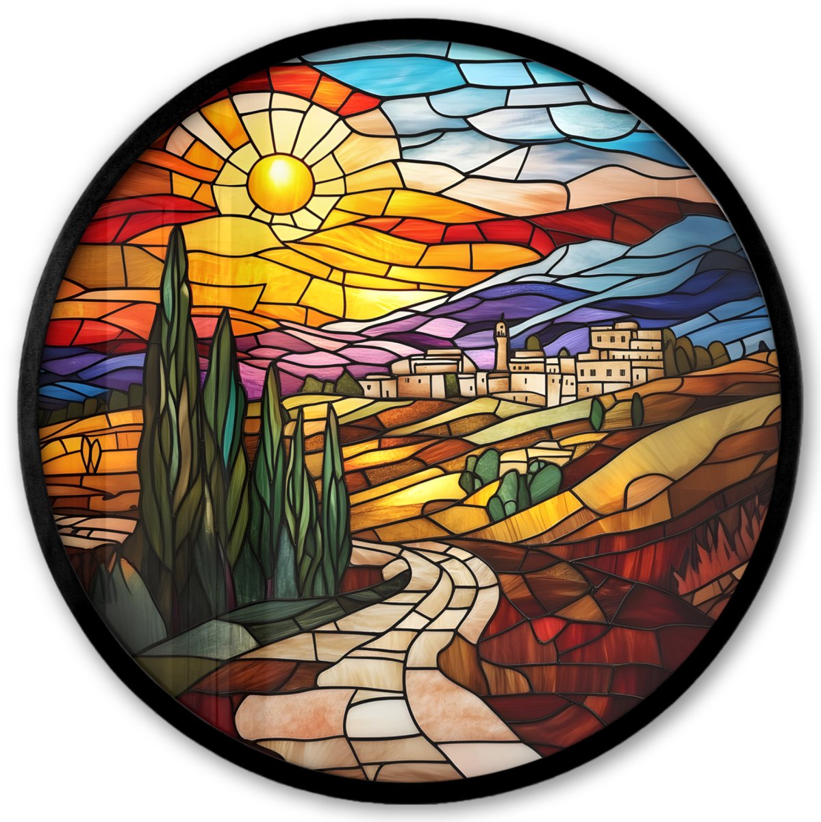 FrameYourWall Poster in lijst Rond - Fotolijst 40x40 cm - Posters - Mozaïek - Zon - Landschap - Dorp - Ronde posterlijst zwart - Decoratie - Wanddecoratie woonkamer - Muurdecoratie slaapkamer Zon - Landschap - Mozaïek