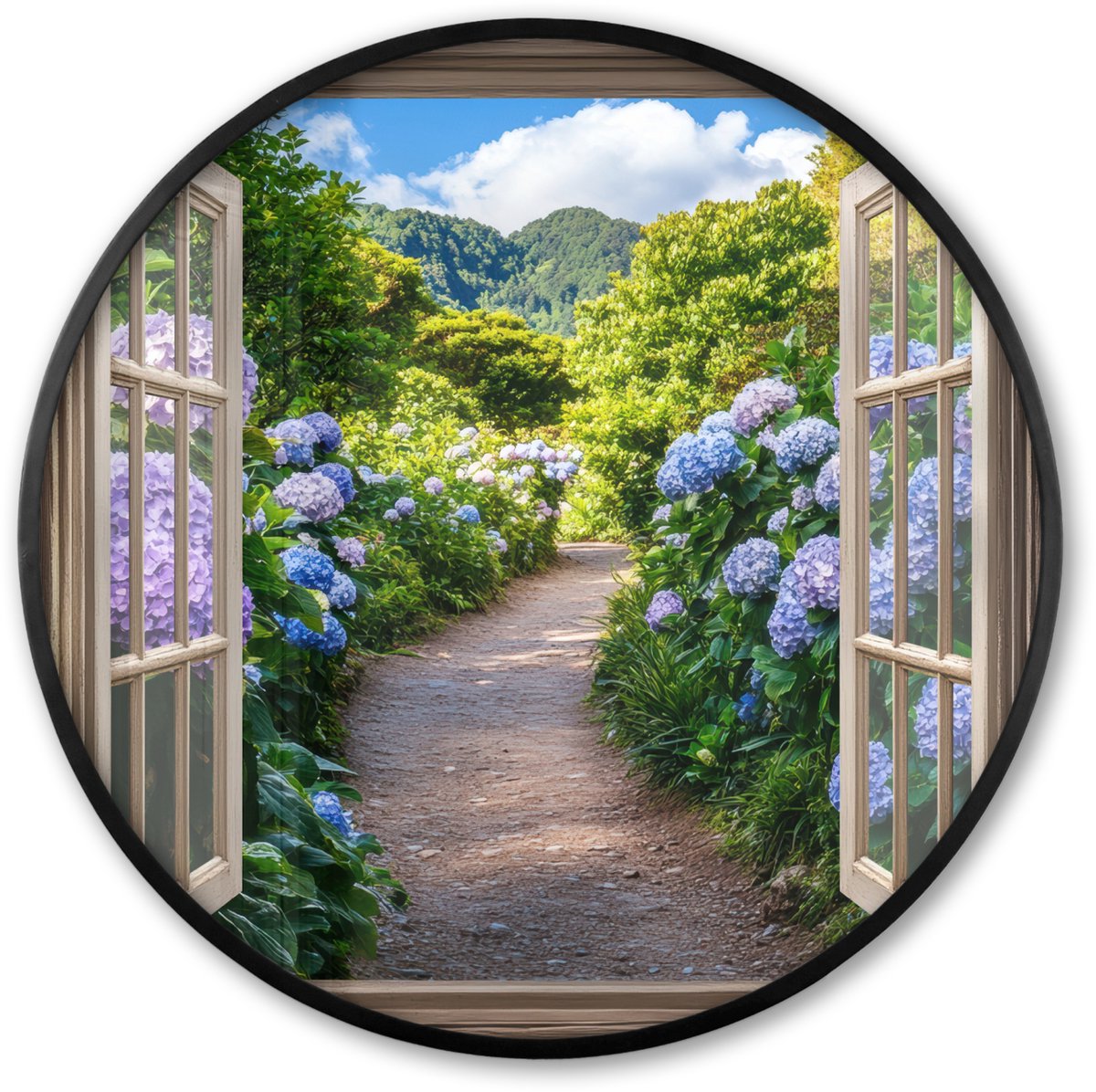 FrameYourWall Poster in lijst Rond - Fotolijst 60x60 cm - Posters - Doorkijk - Hortensia - Pad - Natuur - Ronde posterlijst zwart - Decoratie - Wanddecoratie woonkamer - Muurdecoratie slaapkamer