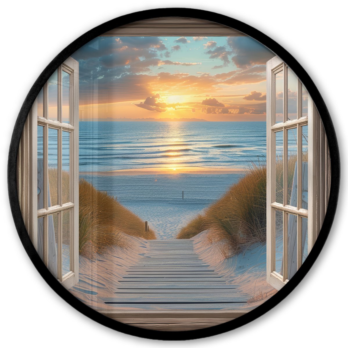 FrameYourWall Poster in lijst Rond - Fotolijst 40x40 cm - Posters - Doorkijk - Strand - Pad - Zonsondergang - Ronde posterlijst zwart - Decoratie - Wanddecoratie woonkamer - Muurdecoratie slaapkamer Zonsondergang - Zee