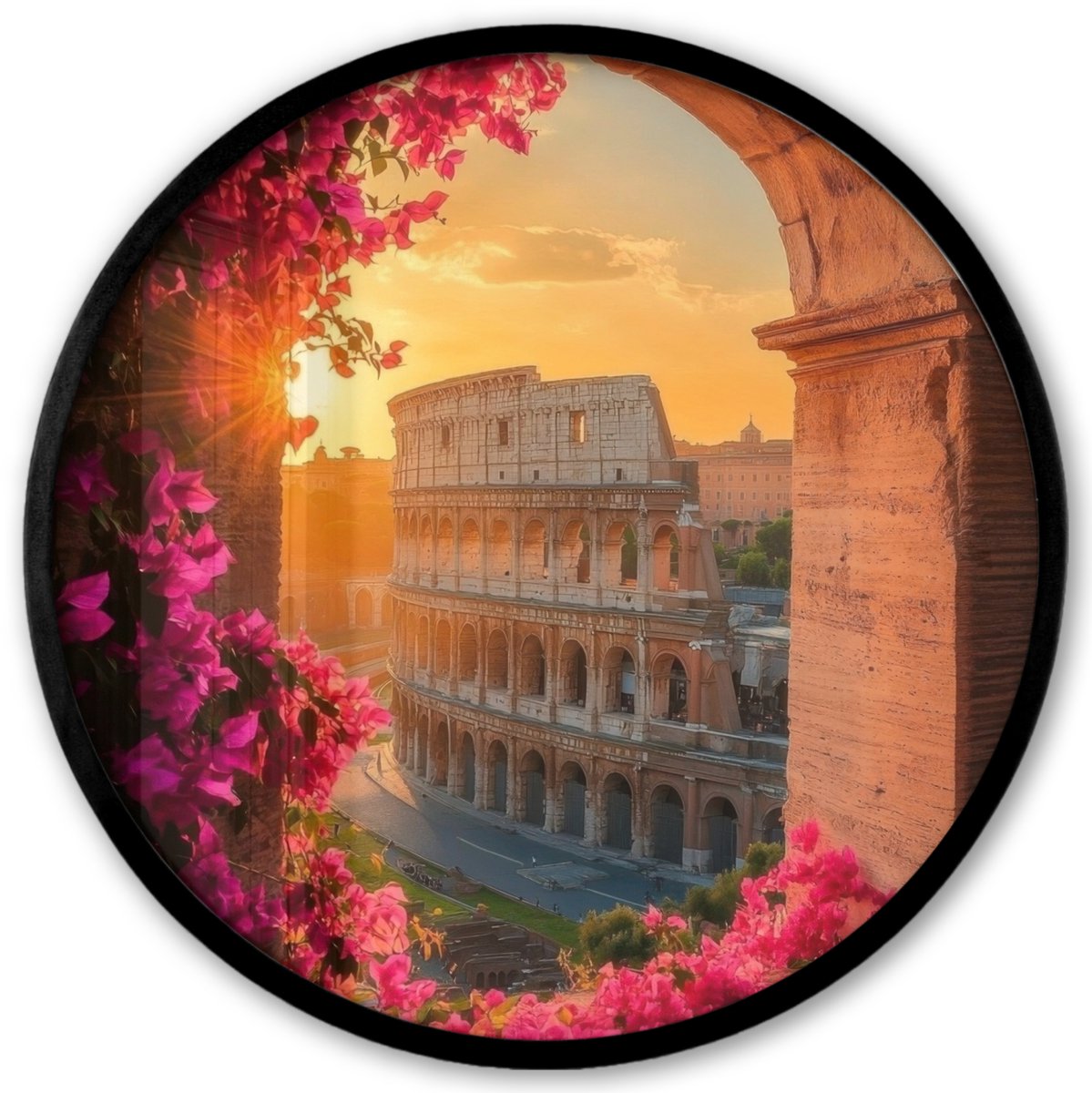 FrameYourWall Poster in lijst Rond - Fotolijst 40x40 cm - Posters - Colosseum - Rome - Roze Bloemen - Ronde posterlijst zwart - Decoratie - Wanddecoratie woonkamer - Muurdecoratie slaapkamer Colosseum - Bloemen