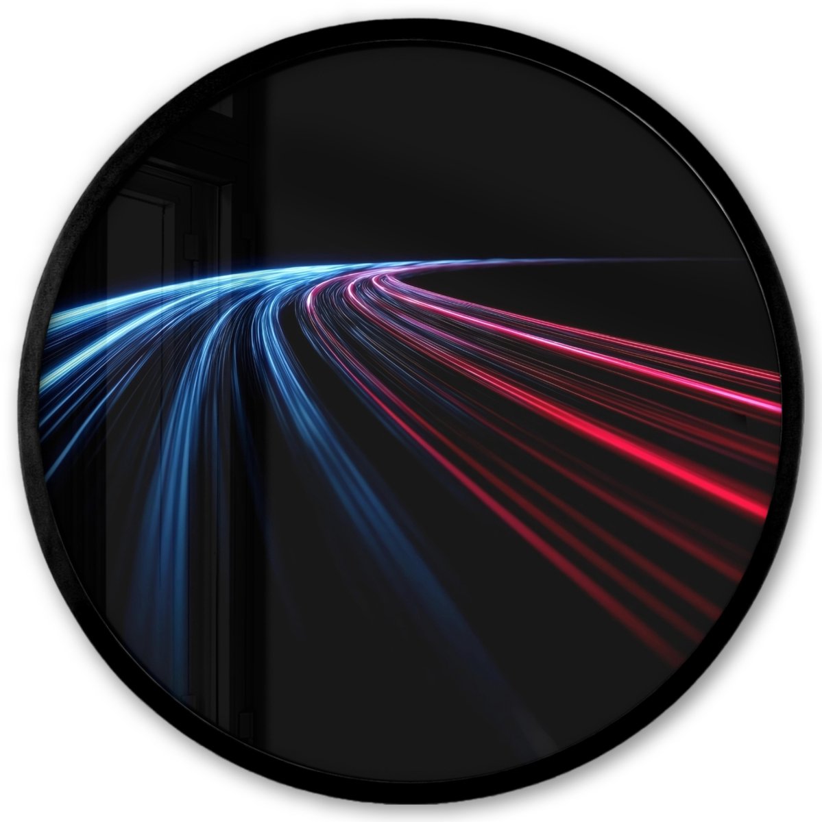 FrameYourWall Poster in lijst Rond - Fotolijst 40x40 cm - Posters - Gaming - Strepen - Gebogen - Blauw - Ronde posterlijst zwart - Decoratie - Wanddecoratie woonkamer - Muurdecoratie slaapkamer Lichtbanen