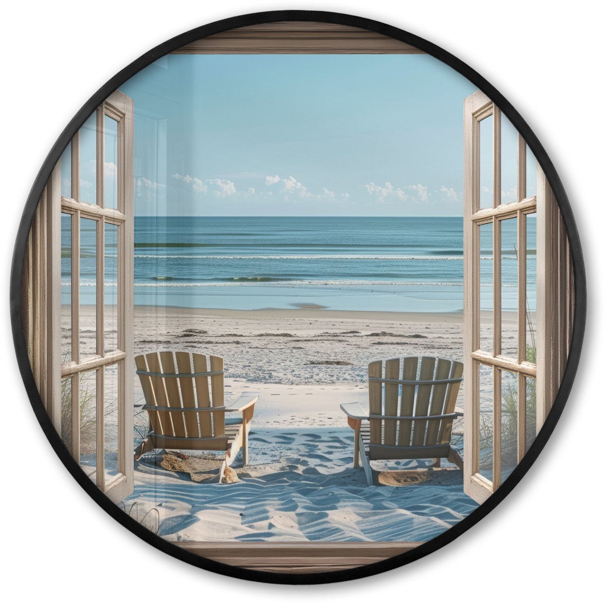 FrameYourWall Poster in lijst Rond - Fotolijst 60x60 cm - Posters - Doorkijk - Strandstoelen - Duinen - Zee - Natuur - Ronde posterlijst zwart - Decoratie - Wanddecoratie woonkamer - Muurdecoratie slaapkamer Strand - Stoelen