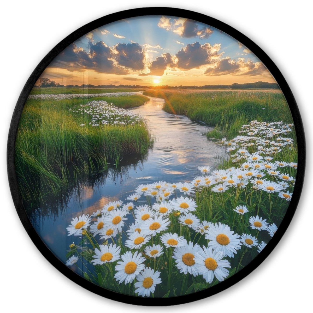 FrameYourWall Poster in lijst Rond - Fotolijst 40x40 cm - Posters - Beekje - Landschap - Margriet - Ronde posterlijst zwart - Decoratie - Wanddecoratie woonkamer - Muurdecoratie slaapkamer Landschap - Water
