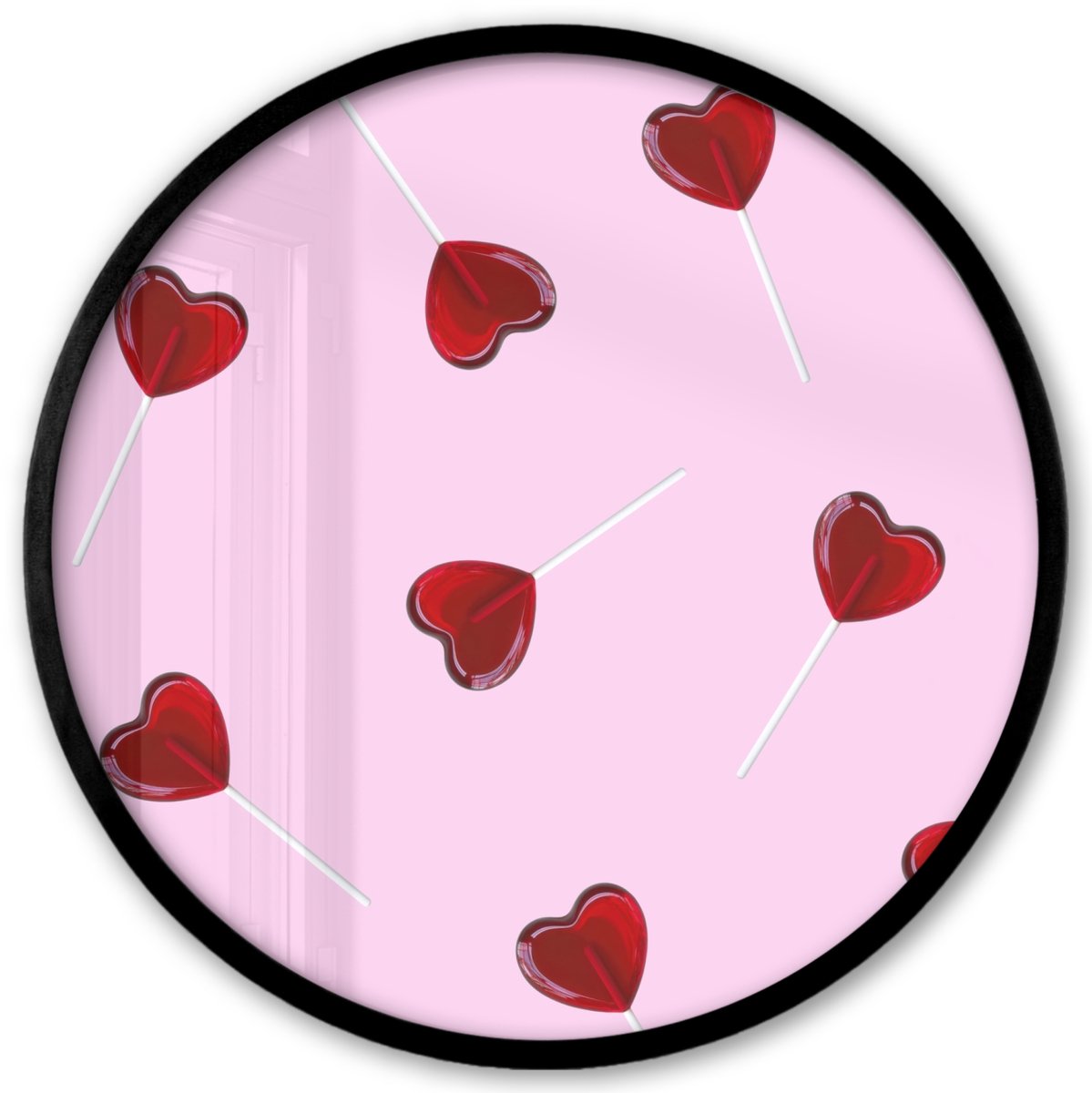 FrameYourWall Poster in lijst Rond - Fotolijst 40x40 cm - Posters - Roze - Hart - Lolly - Snoep - Ronde posterlijst zwart - Decoratie - Wanddecoratie woonkamer - Muurdecoratie slaapkamer