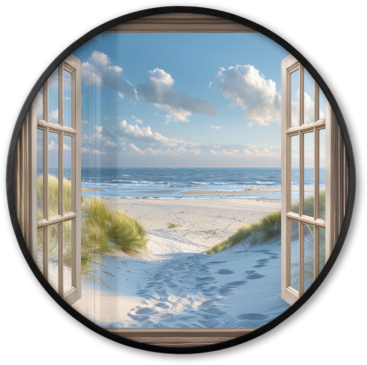 FrameYourWall Poster in lijst Rond - Fotolijst 60x60 cm - Posters - Doorkijk - Strand - Raam - Duinen - Zee - Ronde posterlijst zwart - Decoratie - Wanddecoratie woonkamer - Muurdecoratie slaapkamer Strand - Zee