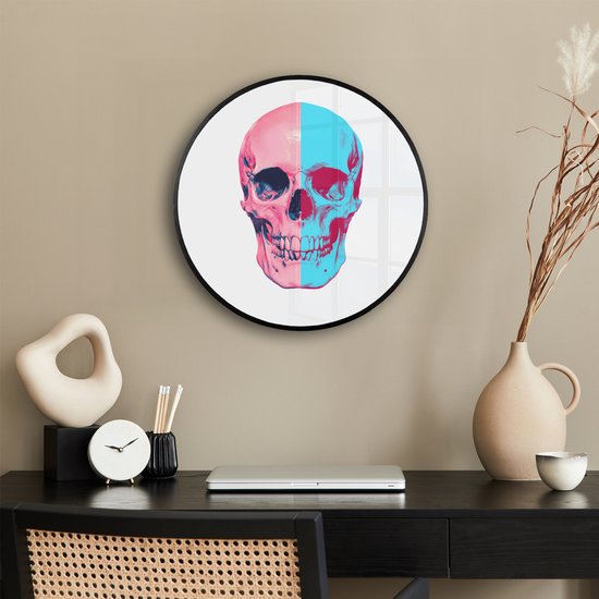 Poster in lijst Rond - Fotolijst 40x40 cm - Posters - Schedel - Grafisch - Roze - Verdeeld - Ronde posterlijst zwart - Decoratie - Wanddecoratie woonkamer - Muurdecoratie slaapkamer