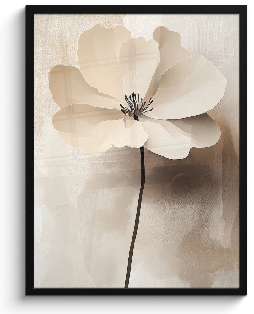 FrameYourWall Poster in lijst - Fotolijst 60x80 cm - Posters - Bloem - Beige - Verf - Schaduw - Posterlijst zwart - Decoratie - Wanddecoratie woonkamer - Muurdecoratie slaapkamer Bloem - Verf
