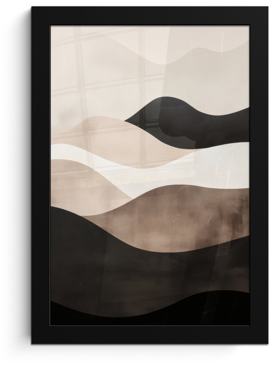 FrameYourWall Poster in lijst - Fotolijst 20x30 cm - Posters - Abstract - Landschap - Golven - Crèmekleur - Posterlijst zwart - Decoratie - Wanddecoratie woonkamer - Muurdecoratie slaapkamer Golven - Abstract - Crèmekleur