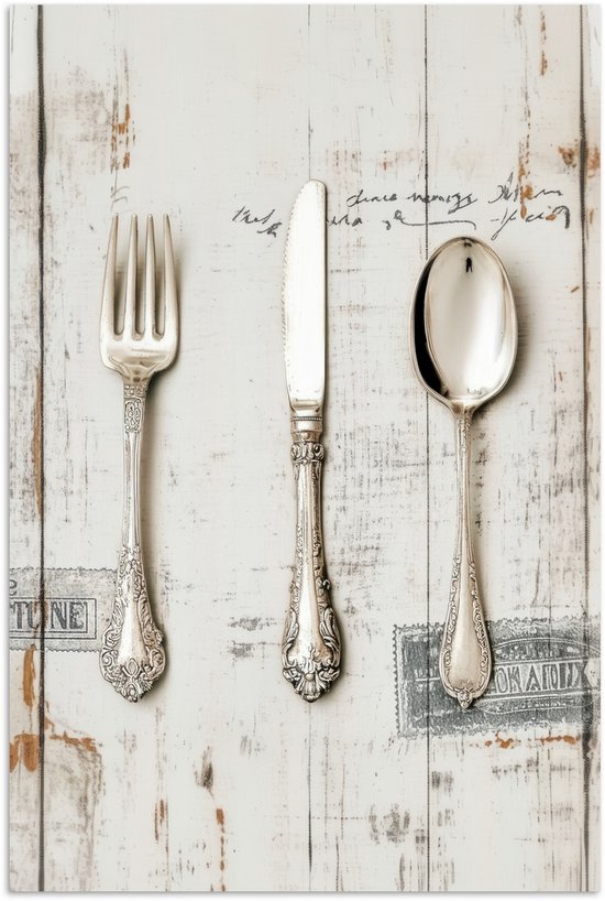 Poster 40x60 cm - Zilver - Bestek - Hout - Posters - Kamer decoratie - Wanddecoratie woonkamer - Muurdecoratie slaapkamer