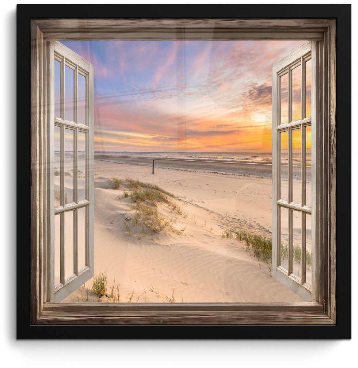 FrameYourWall Poster in lijst - Fotolijst 40x40 cm - Posters - Doorkijk - Strand - Duinen - Natuur - Landschap - Posterlijst zwart - Decoratie - Wanddecoratie woonkamer - Muurdecoratie slaapkamer Zonsondergang - Strand