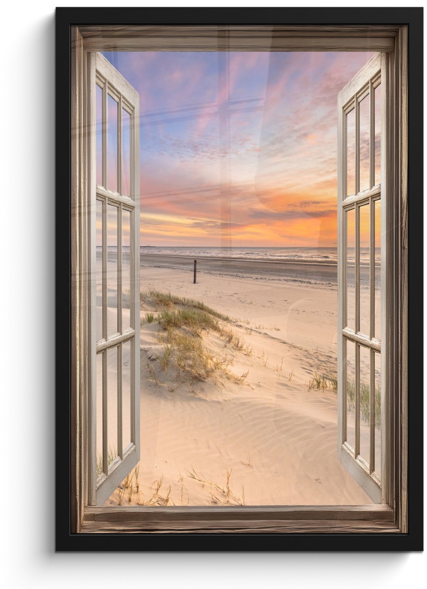 FrameYourWall Poster in lijst - Fotolijst 40x60 cm - Posters - Doorkijk - Strand - Duinen - Natuur - Landschap - Posterlijst zwart - Decoratie - Wanddecoratie woonkamer - Muurdecoratie slaapkamer Zonsondergang - Strand