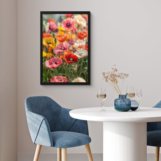 Poster in lijst - Fotolijst 40x60 cm - Posters - Bloemenveld - Klaprozen - Kleurrijk - Posterlijst zwart - Decoratie - Wanddecoratie woonkamer - Muurdecoratie slaapkamer