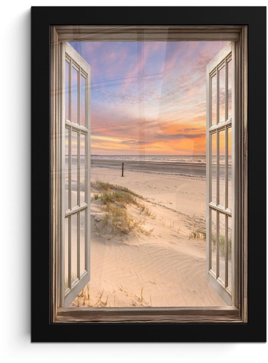 FrameYourWall Poster in lijst - Fotolijst 20x30 cm - Posters - Doorkijk - Strand - Duinen - Natuur - Landschap - Posterlijst zwart - Decoratie - Wanddecoratie woonkamer - Muurdecoratie slaapkamer Zonsondergang - Strand