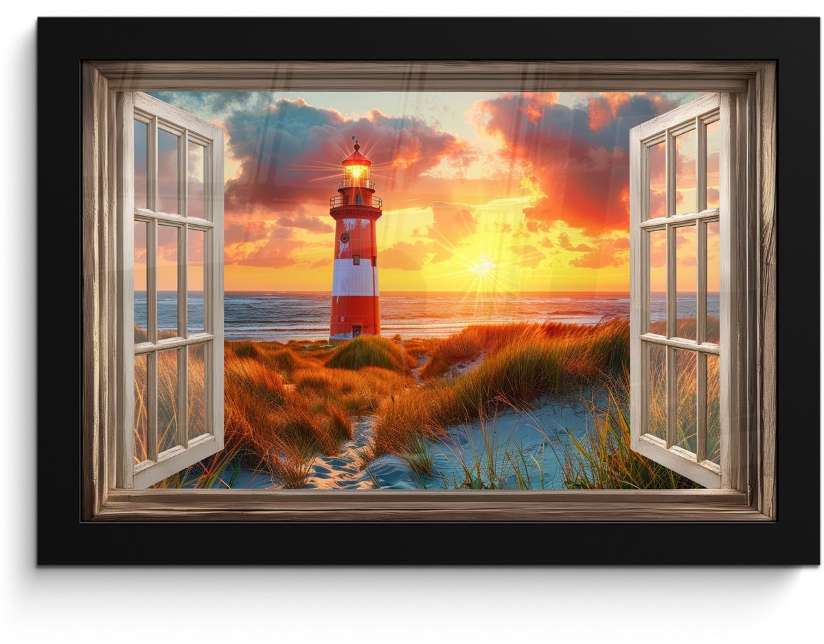 FrameYourWall Poster in lijst - Fotolijst 30x20 cm - Posters - Doorkijk - Raam - Vuurtoren - Zonsondergang - Strand - Posterlijst zwart - Decoratie - Wanddecoratie woonkamer - Muurdecoratie slaapkamer Zonsondergang - Vuurtoren